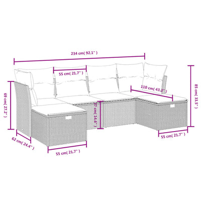 6 Piece Garden Sofa Set with Cushions Grey Poly Rattan