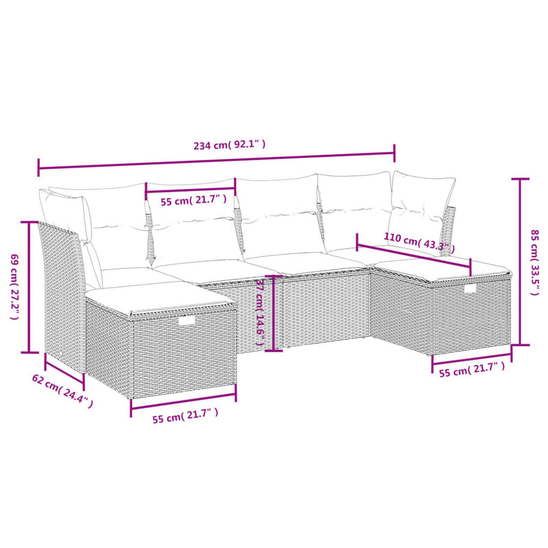 6 Piece Garden Sofa Set with Cushions Grey Poly Rattan