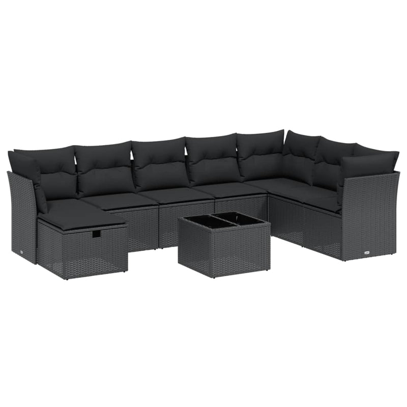 9 Piece Garden Sofa Set with Cushions Black Poly Rattan