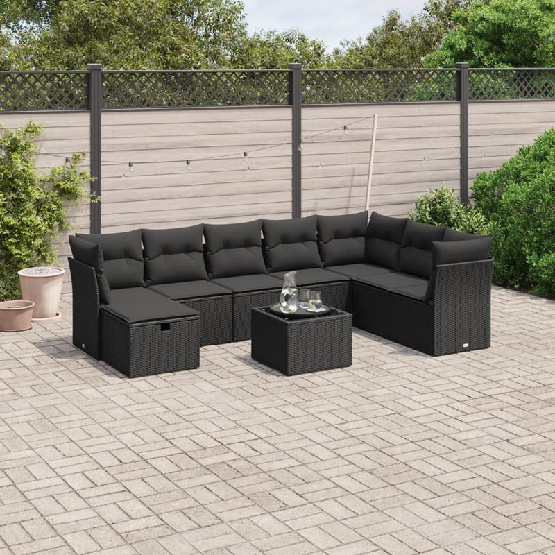 9 Piece Garden Sofa Set with Cushions Black Poly Rattan