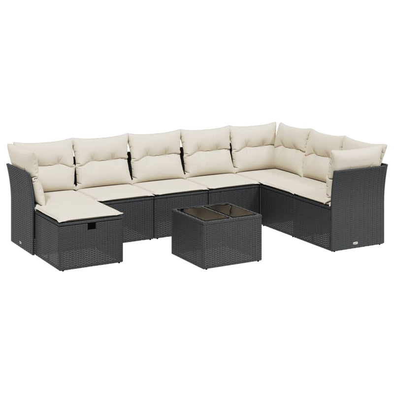 9 Piece Garden Sofa Set with Cushions Black Poly Rattan