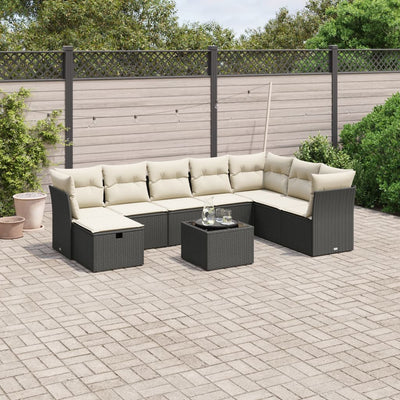 9 Piece Garden Sofa Set with Cushions Black Poly Rattan