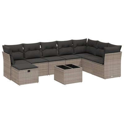 9 Piece Garden Sofa Set with Cushions Grey Poly Rattan