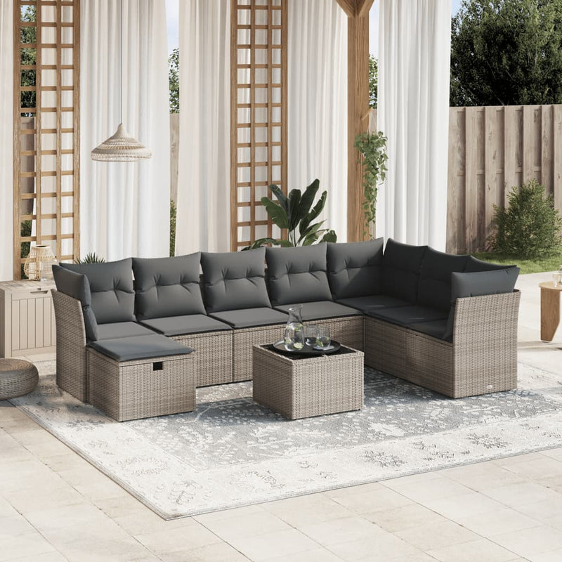 9 Piece Garden Sofa Set with Cushions Grey Poly Rattan