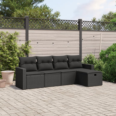 5 Piece Garden Sofa Set with Cushions Black Poly Rattan