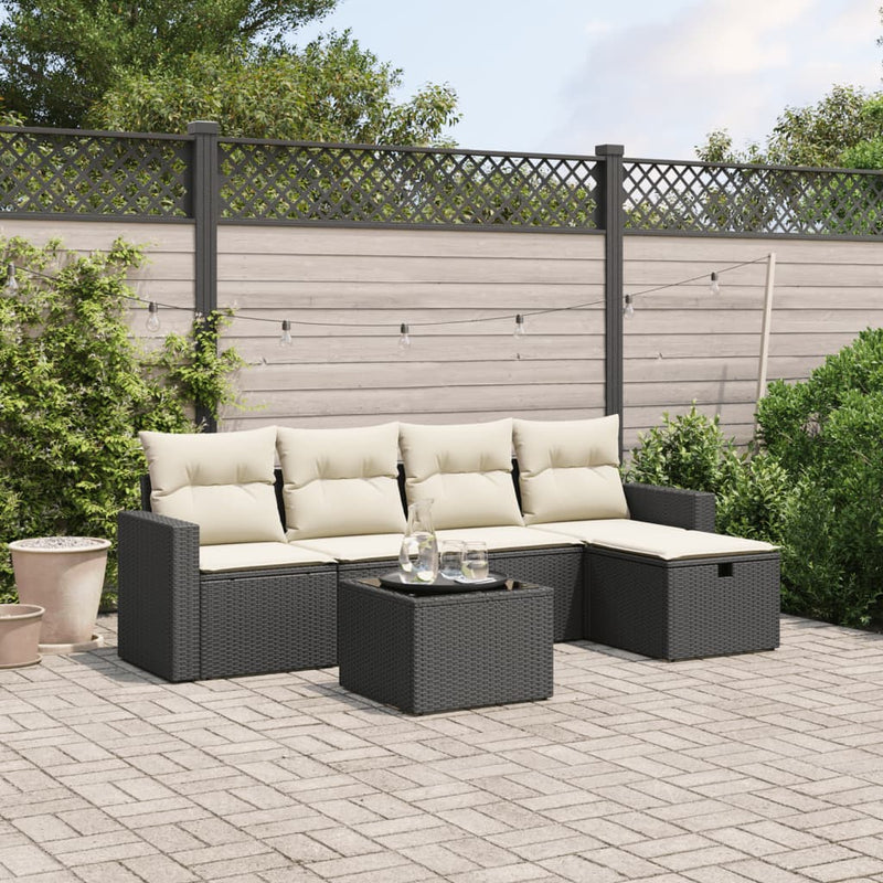 6 Piece Garden Sofa Set with Cushions Black Poly Rattan