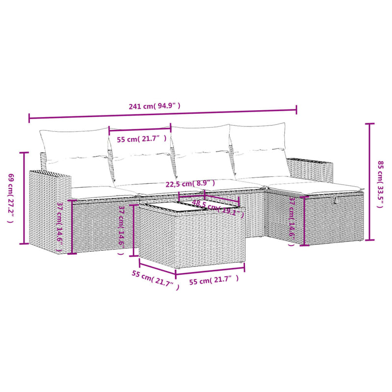 6 Piece Garden Sofa Set with Cushions Grey Poly Rattan