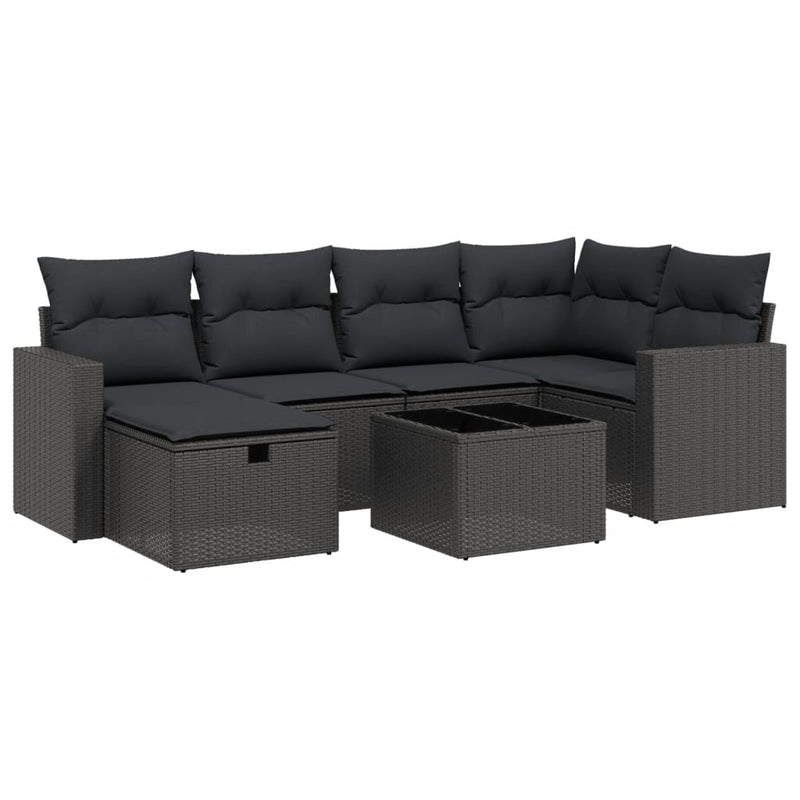 7 Piece Garden Sofa Set with Cushions Black Poly Rattan