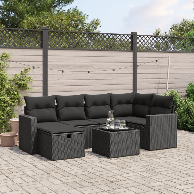 7 Piece Garden Sofa Set with Cushions Black Poly Rattan