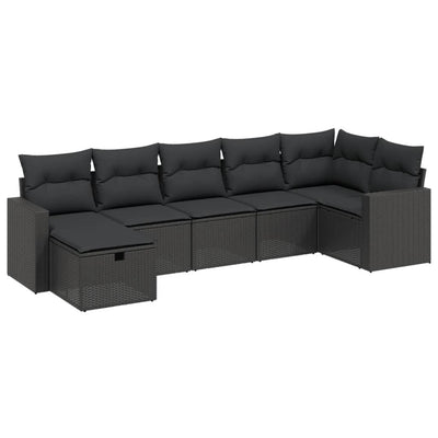 7 Piece Garden Sofa Set with Cushions Black Poly Rattan