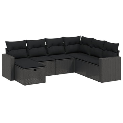 7 Piece Garden Sofa Set with Cushions Black Poly Rattan