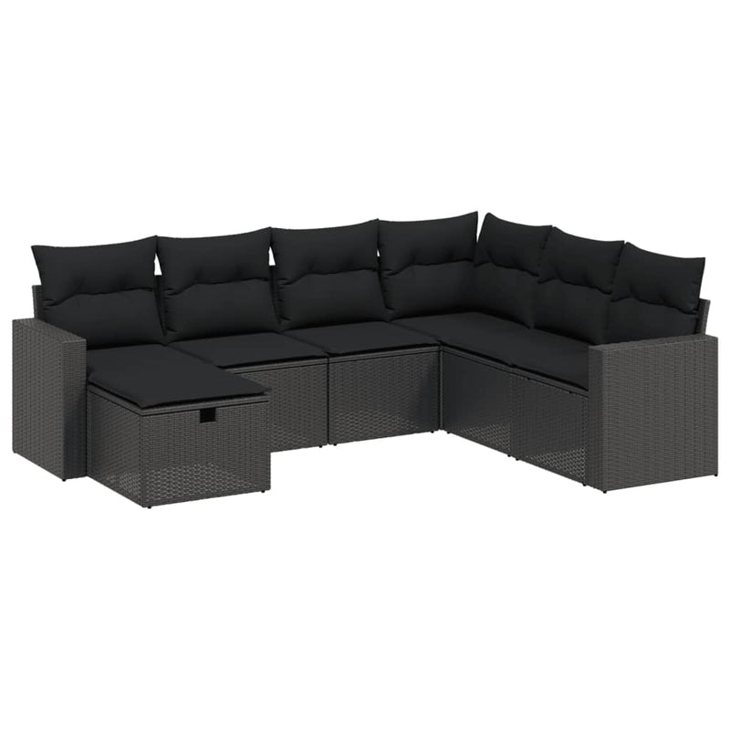 7 Piece Garden Sofa Set with Cushions Black Poly Rattan