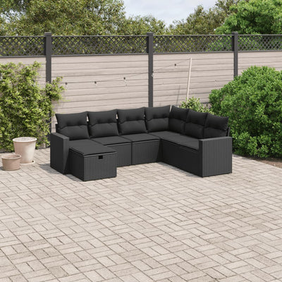 7 Piece Garden Sofa Set with Cushions Black Poly Rattan