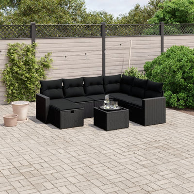 8 Piece Garden Sofa Set with Cushions Black Poly Rattan