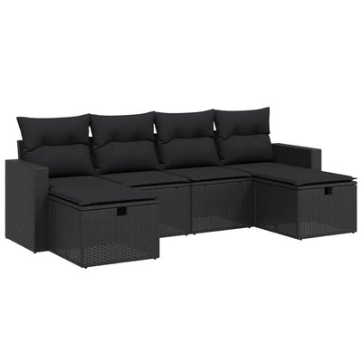 6 Piece Garden Sofa Set with Cushions Black Poly Rattan