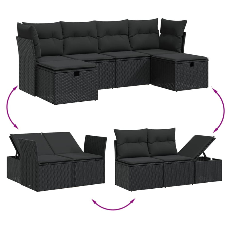 6 Piece Garden Sofa Set with Cushions Black Poly Rattan