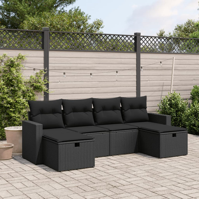 6 Piece Garden Sofa Set with Cushions Black Poly Rattan