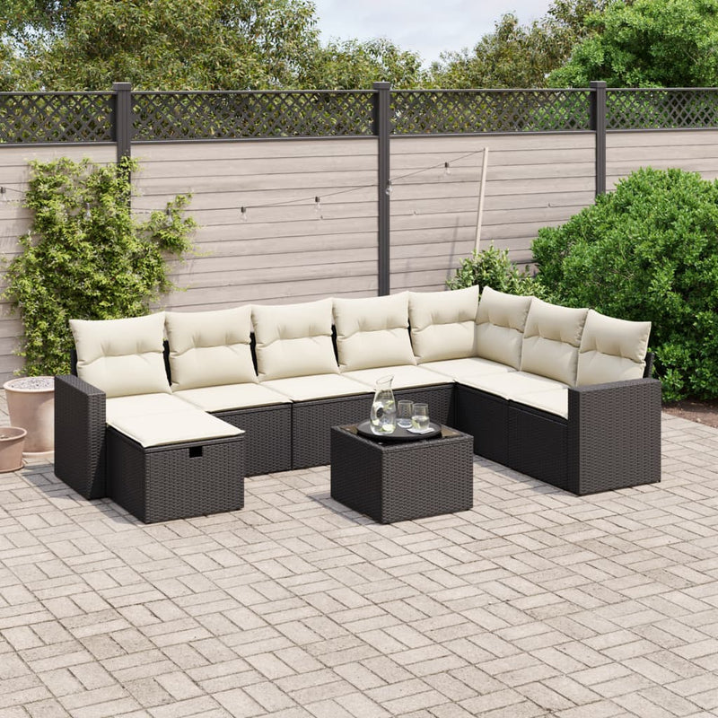 9 Piece Garden Sofa Set with Cushions Black Poly Rattan