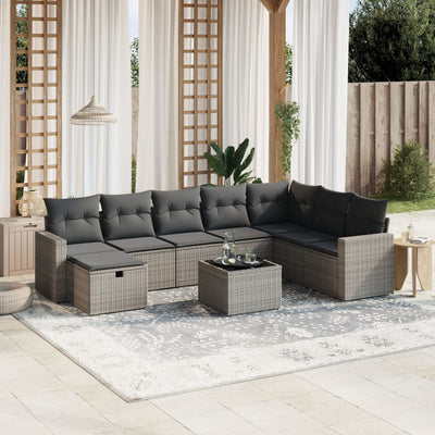 9 Piece Garden Sofa Set with Cushions Grey Poly Rattan