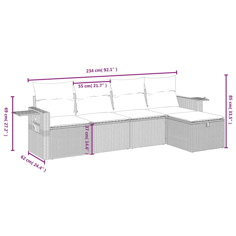 5 Piece Garden Sofa Set with Cushions Grey Poly Rattan