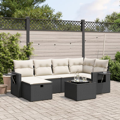 7 Piece Garden Sofa Set with Cushions Black Poly Rattan