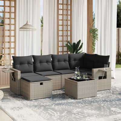 7 Piece Garden Sofa Set with Cushions Grey Poly Rattan