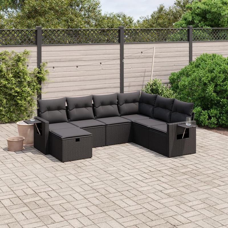 7 Piece Garden Sofa Set with Cushions Black Poly Rattan