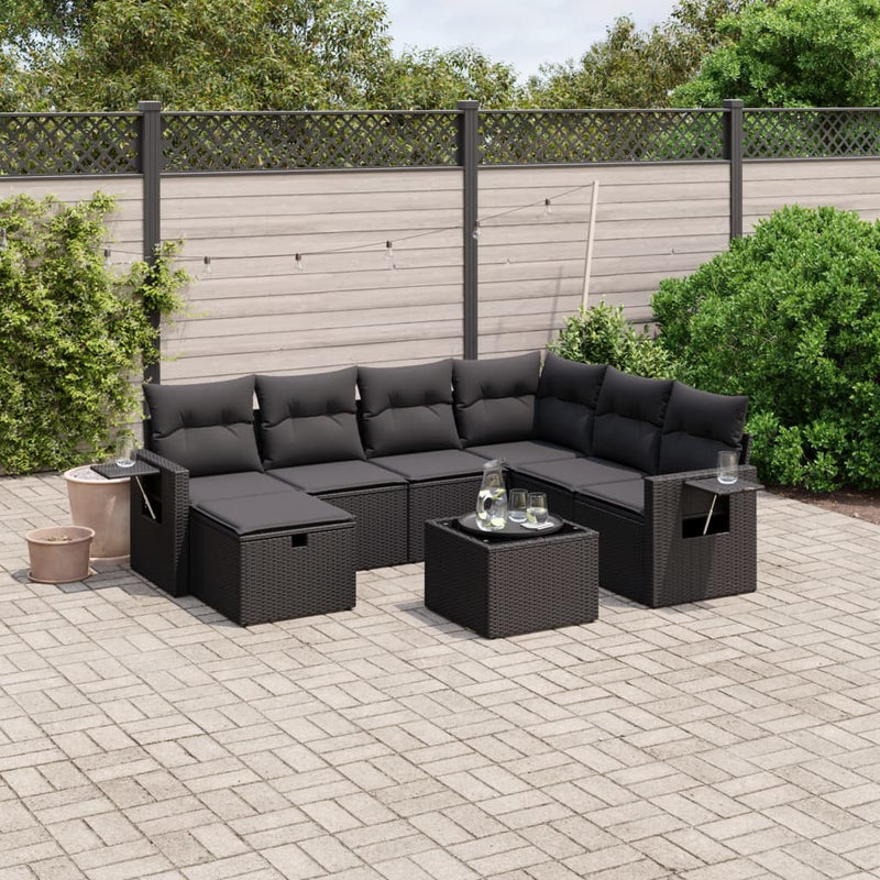 8 Piece Garden Sofa Set with Cushions Black Poly Rattan