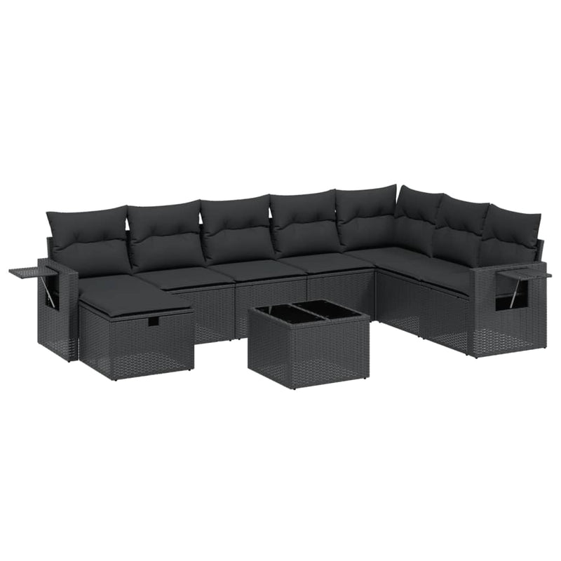 9 Piece Garden Sofa Set with Cushions Black Poly Rattan