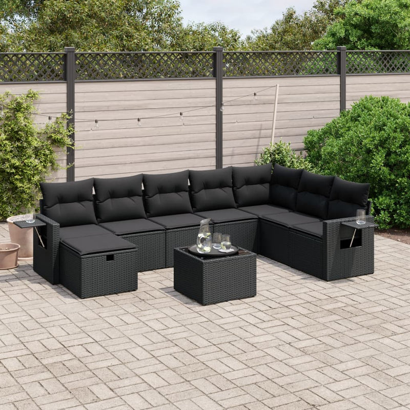 9 Piece Garden Sofa Set with Cushions Black Poly Rattan