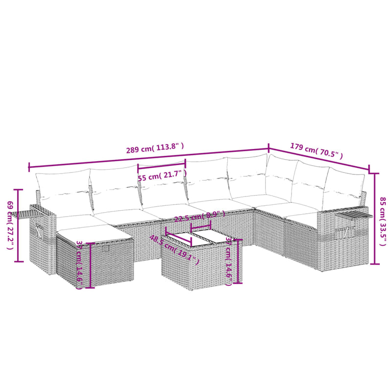 9 Piece Garden Sofa Set with Cushions Grey Poly Rattan