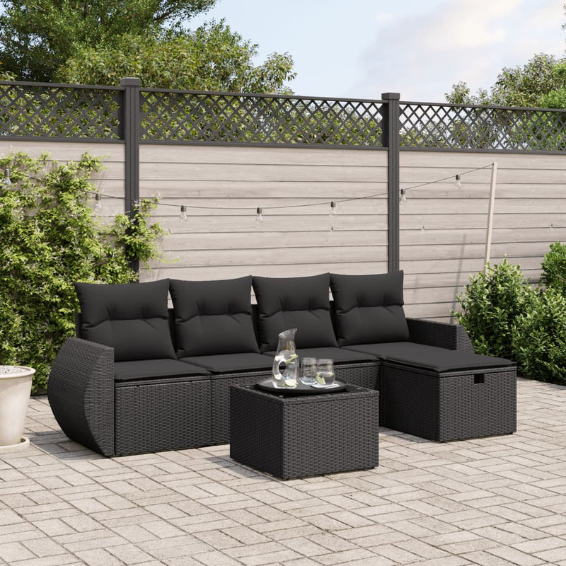 6 Piece Garden Sofa Set with Cushions Black Poly Rattan