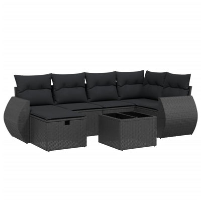 7 Piece Garden Sofa Set with Cushions Black Poly Rattan