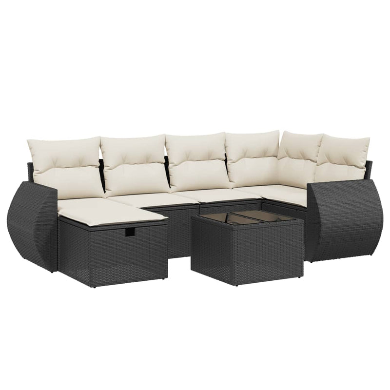 7 Piece Garden Sofa Set with Cushions Black Poly Rattan