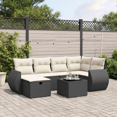 7 Piece Garden Sofa Set with Cushions Black Poly Rattan