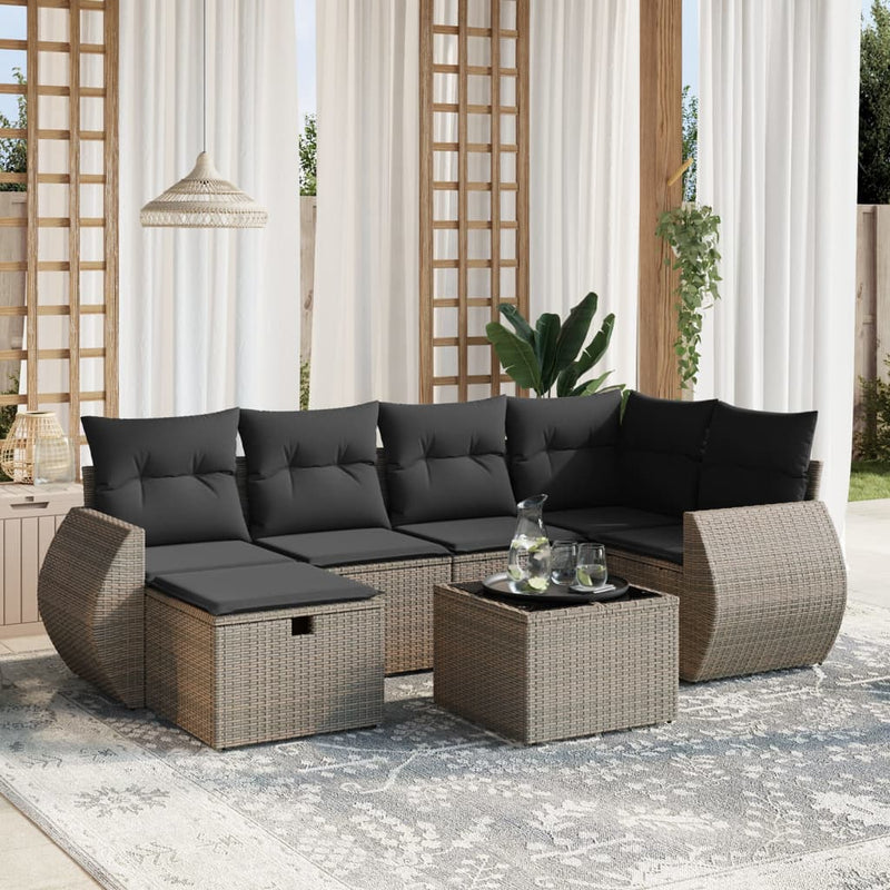 7 Piece Garden Sofa Set with Cushions Grey Poly Rattan