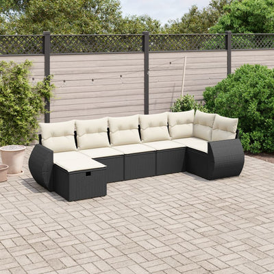 7 Piece Garden Sofa Set with Cushions Black Poly Rattan