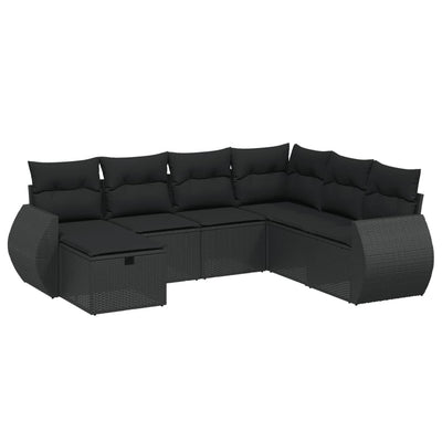 7 Piece Garden Sofa Set with Cushions Black Poly Rattan