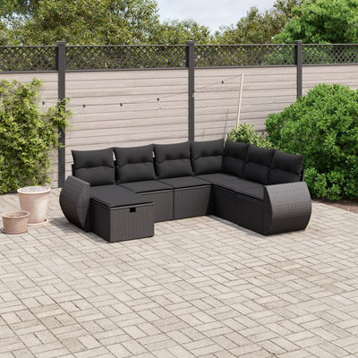 7 Piece Garden Sofa Set with Cushions Black Poly Rattan