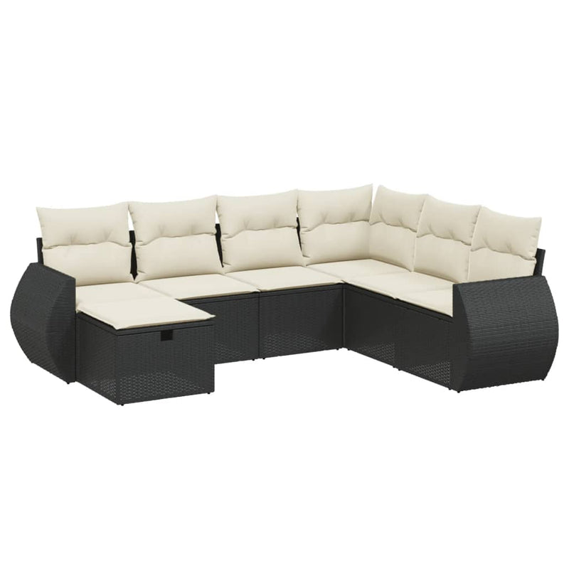 7 Piece Garden Sofa Set with Cushions Black Poly Rattan