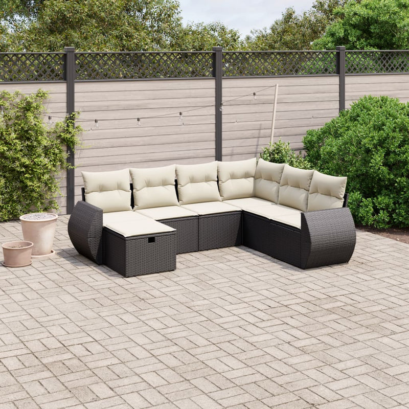 7 Piece Garden Sofa Set with Cushions Black Poly Rattan