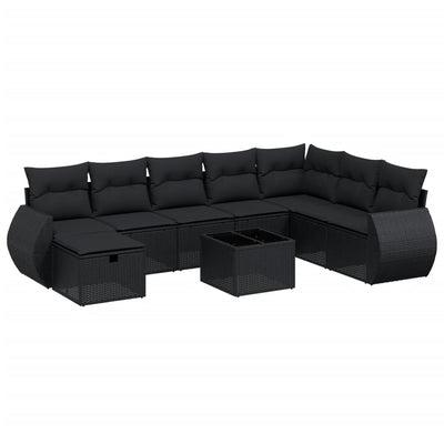 9 Piece Garden Sofa Set with Cushions Black Poly Rattan