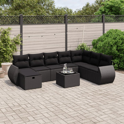 9 Piece Garden Sofa Set with Cushions Black Poly Rattan