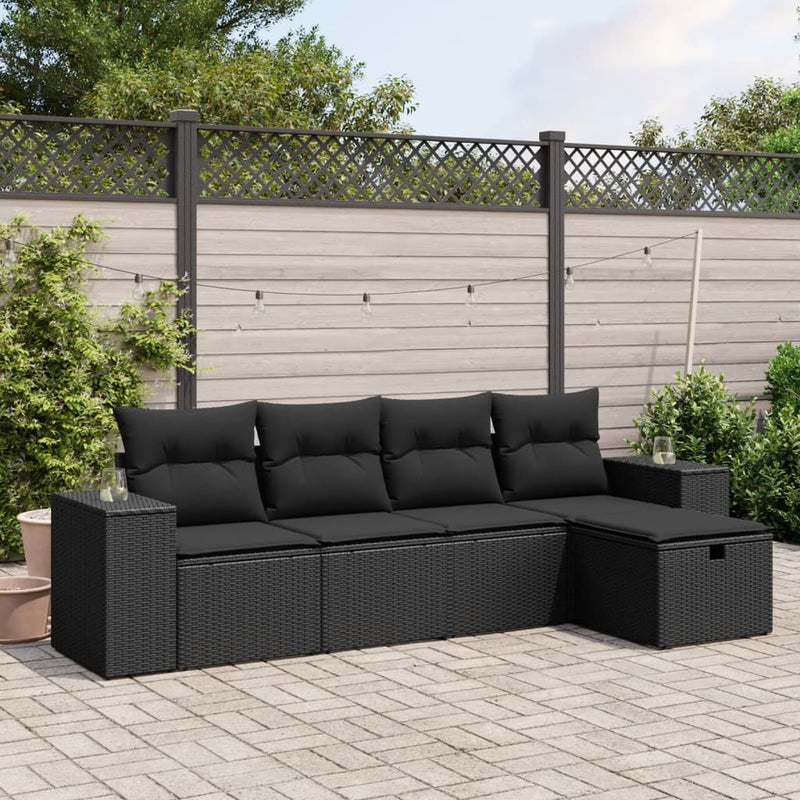 5 Piece Garden Sofa Set with Cushions Black Poly Rattan