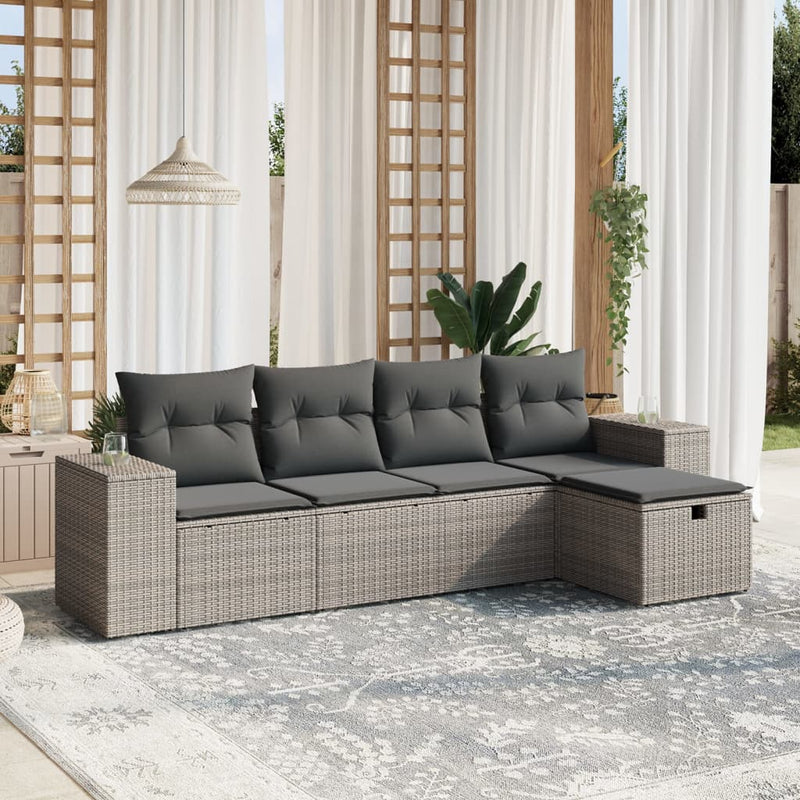 5 Piece Garden Sofa Set with Cushions Grey Poly Rattan