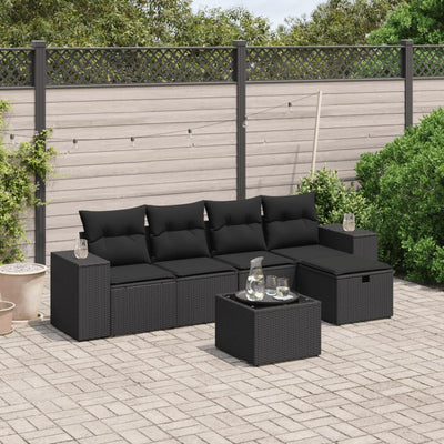 6 Piece Garden Sofa Set with Cushions Black Poly Rattan