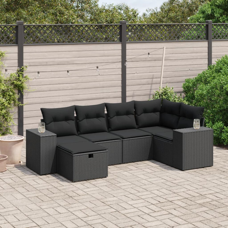 6 Piece Garden Sofa Set with Cushions Black Poly Rattan