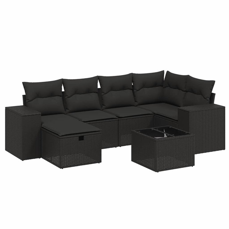 7 Piece Garden Sofa Set with Cushions Black Poly Rattan