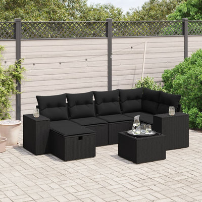 7 Piece Garden Sofa Set with Cushions Black Poly Rattan