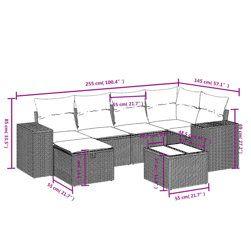 7 Piece Garden Sofa Set with Cushions Grey Poly Rattan